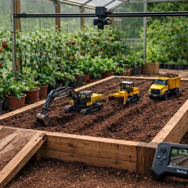 RC excavator, bulldozer, and dump truck in a raised garden bed with soil; overhead camera; greenhouse plants in background.